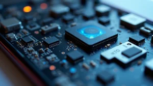 Close-up of advanced sensor array inside modern smartphone showing accelerometer, gyroscope, and impact detection components mounted on circuit board with blue LED indicators