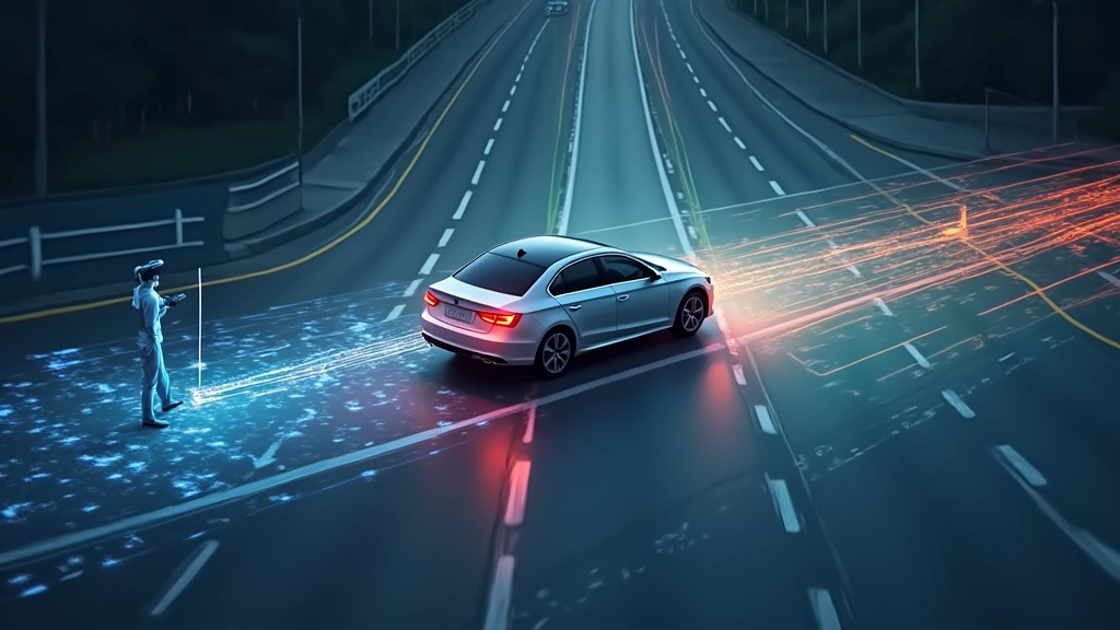 Professional automotive collision detection system visualization showing vehicle with radar, camera, and lidar sensors highlighted in different colors detecting obstacles and pedestrians on road