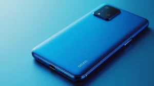 High-end smartphone in vibrant blue titanium finish with premium metallic edges, displayed at slight angle showing sleek profile and modern design, natural lighting highlighting color depth and material quality