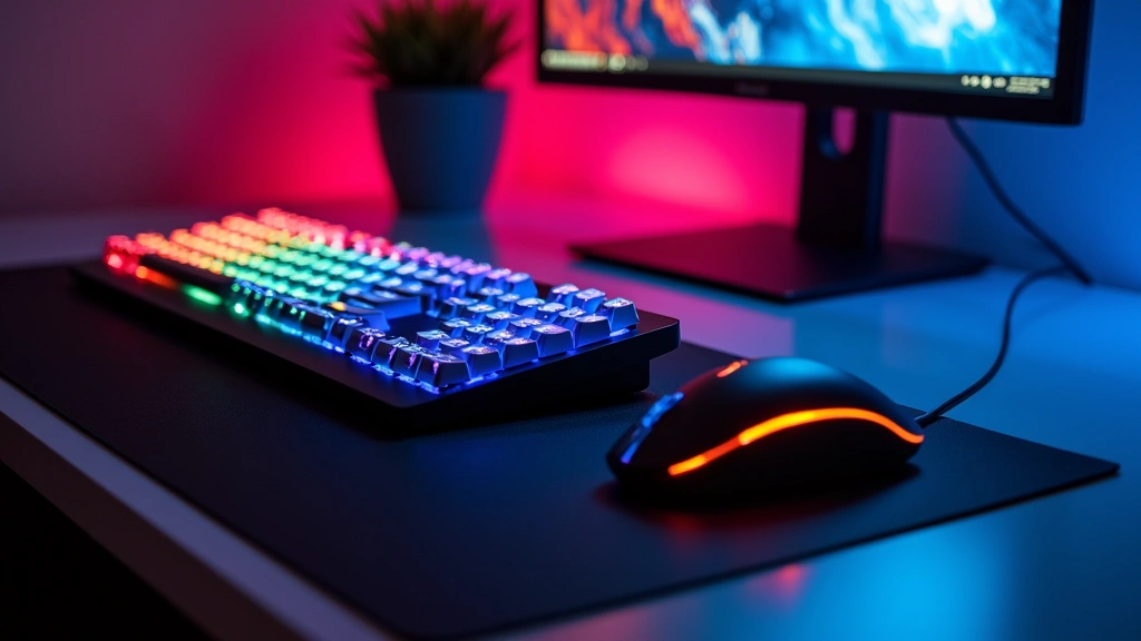 Gaming laptop setup featuring RGB-backlit mechanical keyboard with colorful switches, wireless mouse with glowing accents, and vibrant display, all arranged on minimalist desk with coordinated lighting ambiance
