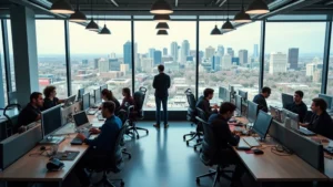Overhead view of modern tech startup office with multiple computer workstations, engineers collaborating, Denver skyline visible through large windows, natural lighting, contemporary design