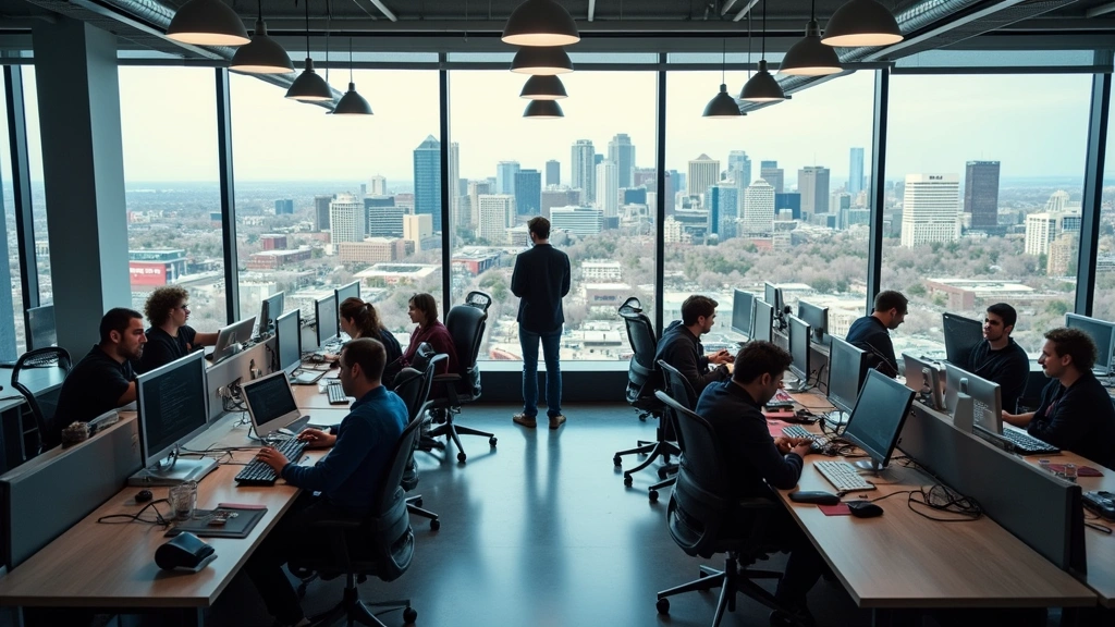 Overhead view of modern tech startup office with multiple computer workstations, engineers collaborating, Denver skyline visible through large windows, natural lighting, contemporary design