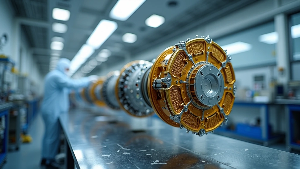 Close-up of advanced aerospace satellite components being assembled in clean laboratory environment, precision instruments, technical equipment, no people visible