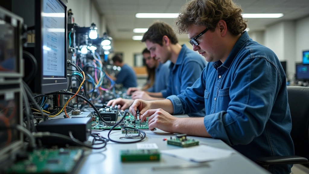 Texas Tech engineering laboratory with students and researchers working on electronic circuit boards and prototyping equipment, state-of-the-art testing devices, focused technical work environment