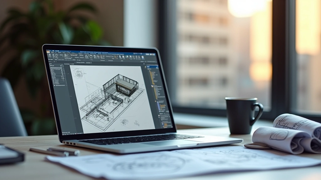 Professional laptop workstation displaying engineering CAD software on desk with technical blueprints and coffee cup, natural lighting, modern workspace aesthetic