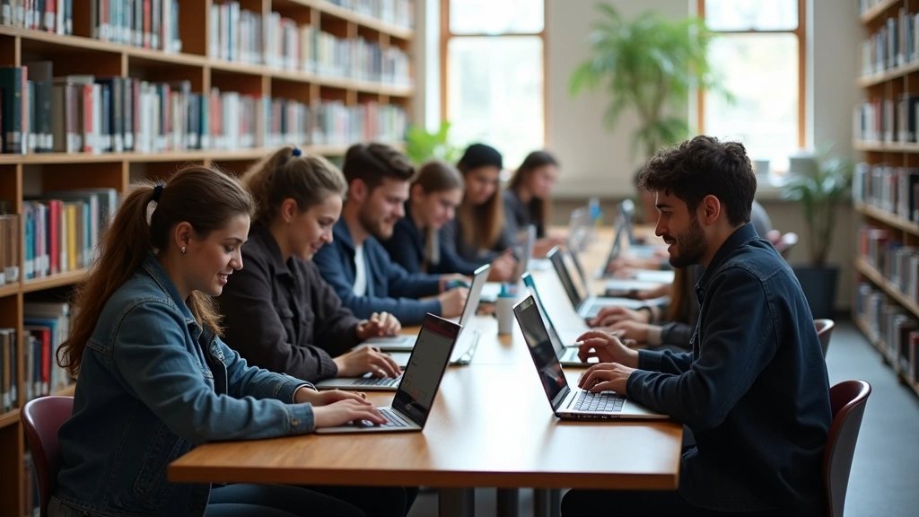 Campus library study area with multiple students using various laptop brands simultaneously, collaborative environment, natural window lighting, diverse device ecosystem visible
