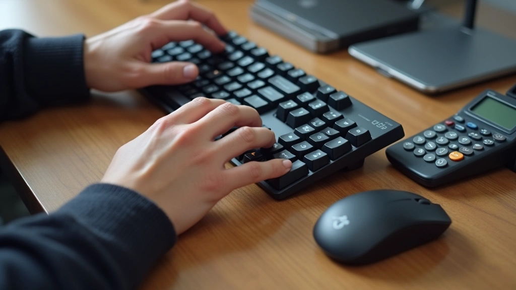 Close-up of hands typing on mechanical keyboard with multiple tech gadgets arranged nearby including graphing calculator, external hard drive, and wireless mouse on wooden desk