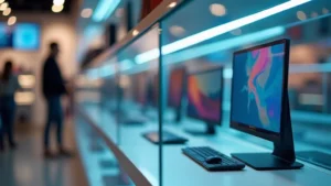 Close-up of retail store interior with electronics displays, colorful price tags, and LED lighting reflecting off glass cases, shoppers browsing in background blur