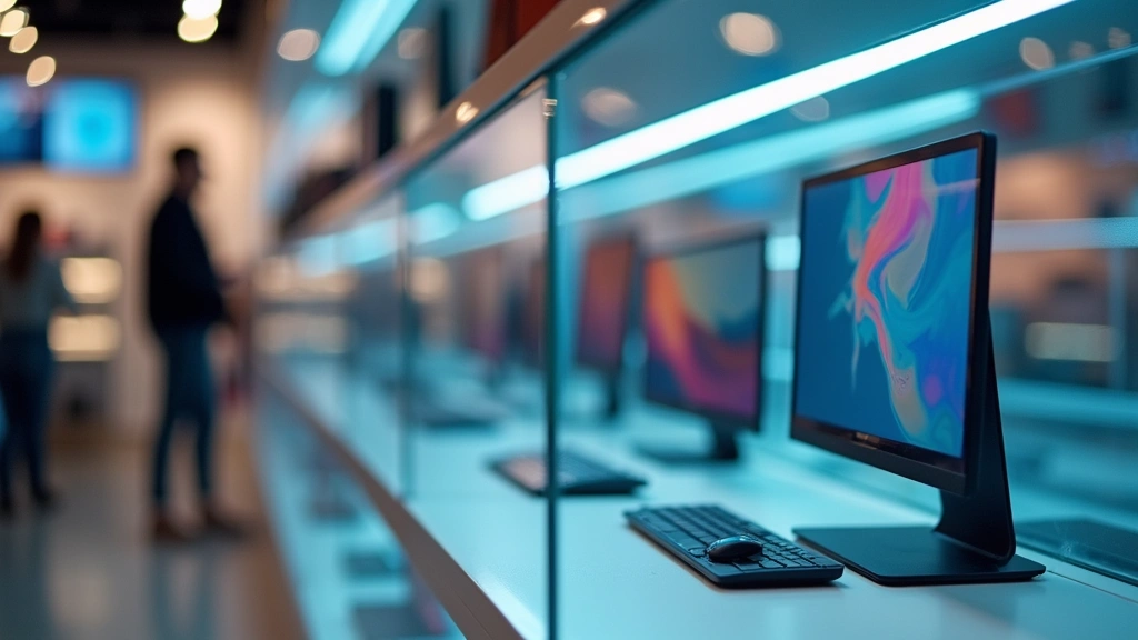 Close-up of retail store interior with electronics displays, colorful price tags, and LED lighting reflecting off glass cases, shoppers browsing in background blur