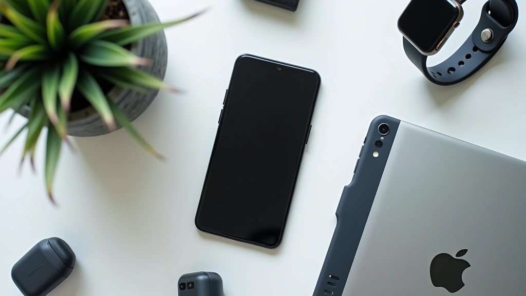 Flat lay composition of various tech gadgets including smartphone, wireless earbuds, smartwatch, and tablet arranged artistically on modern desk surface with natural lighting