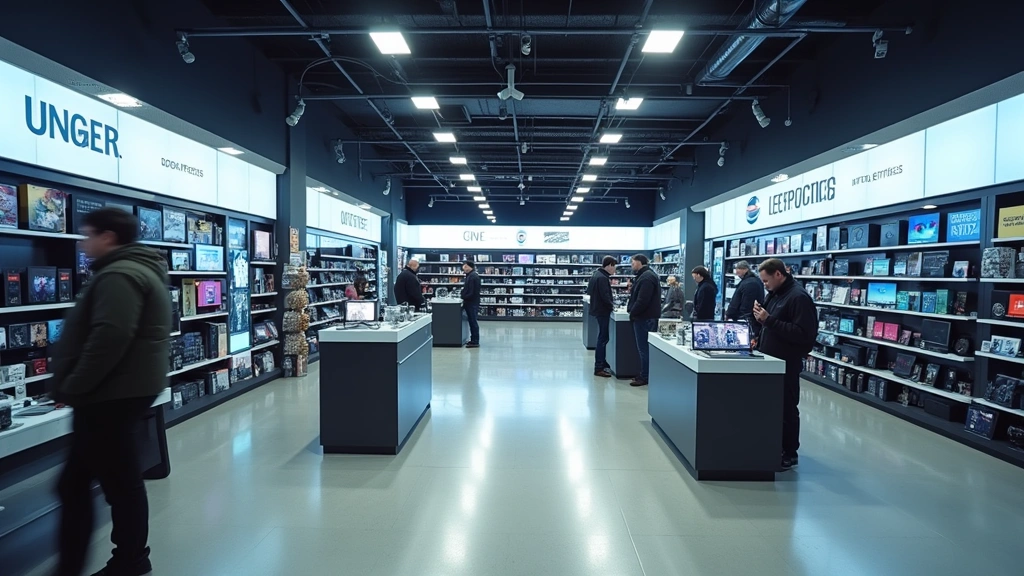 Wide-angle shot of busy electronics retail store floor with multiple product displays, organized shelving units, and customers examining merchandise under bright commercial lighting