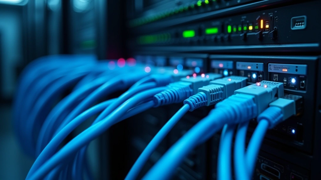 Close-up of server hardware and networking equipment in a data center, fiber optic cables with blue light connections, cybersecurity and cloud infrastructure visualization