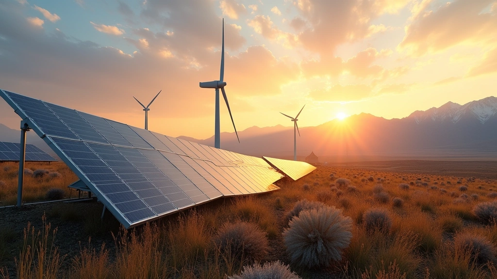 Renewable energy installations including solar panels and wind turbines on Colorado landscape with mountains, clean technology and sustainable energy innovation showcase, golden hour lighting