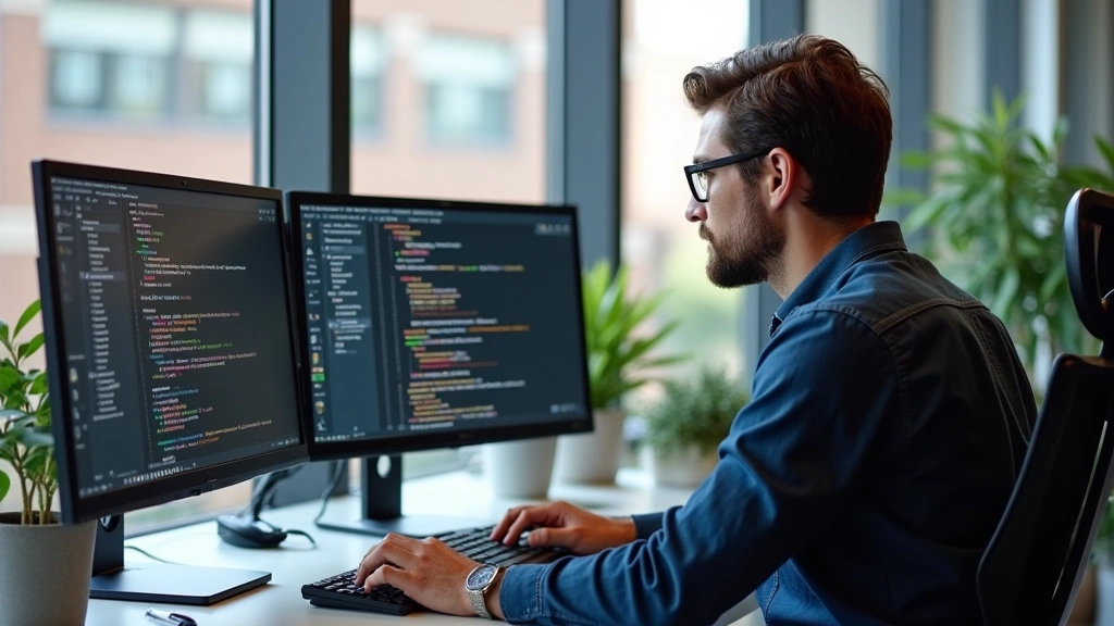 Professional developer at modern computer workstation with dual monitors displaying code, clean desk environment, Colorado office building visible through windows, natural lighting