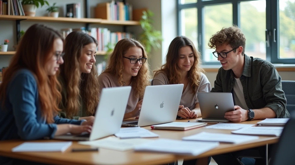 Diverse group of college students collaborating on laptop in bright university campus study space, notebooks and technology scattered, focused engaged expressions
