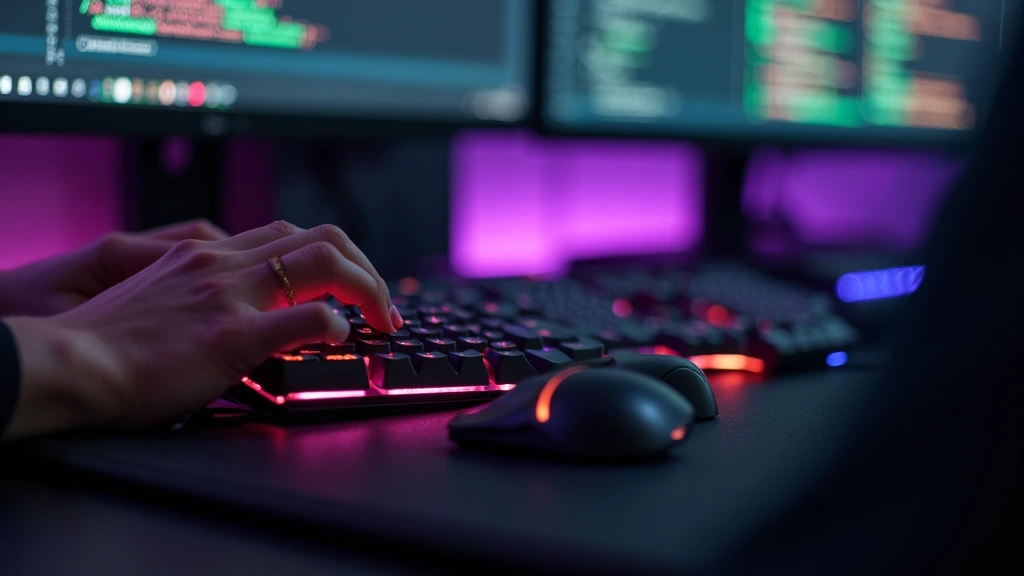 Close-up of hands typing on mechanical keyboard with RGB lighting, blurred lines of code visible on secondary monitor, professional tech workspace setup