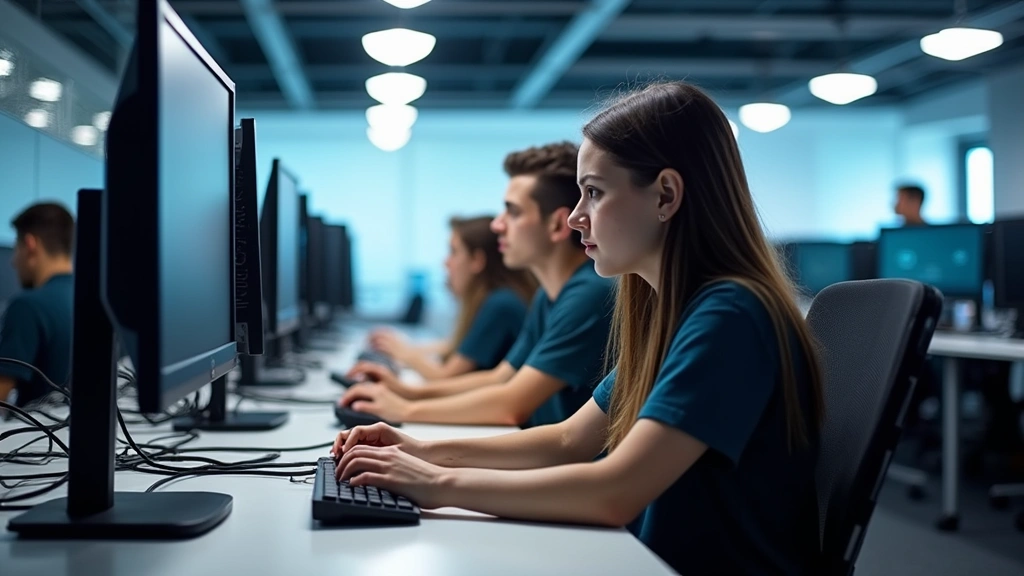 Modern computer lab with high-performance workstations, students collaborating at desks with multiple monitors, professional tech environment with cables and equipment, bright overhead lighting, contemporary office-style technology workspace