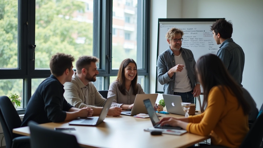 Group of diverse young professionals in casual tech company office setting, working on laptops and discussing code on whiteboard, collaborative tech team environment, modern glass windows and natural lighting, real workspace atmosphere