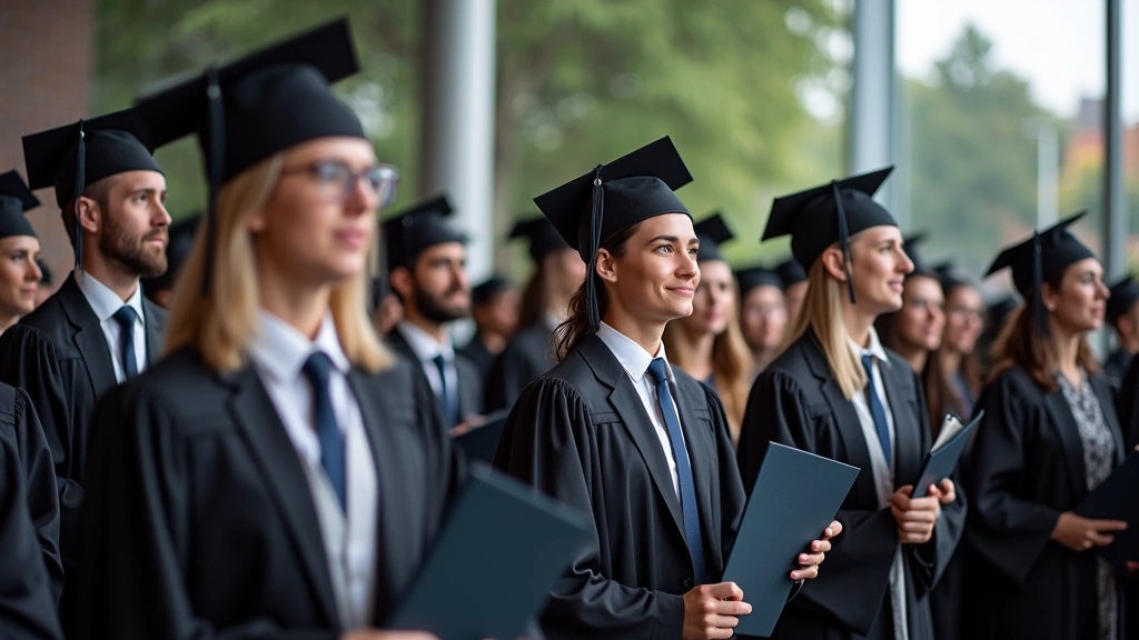 Graduation ceremony with technology professionals in business casual attire, celebrating achievement with diplomas, modern university auditorium or outdoor campus setting, diverse group of successful graduates, professional photography style