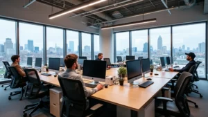 Professional tech office workspace with modern desks, multiple computer monitors, and collaborative meeting areas in contemporary downtown Denver building with natural lighting