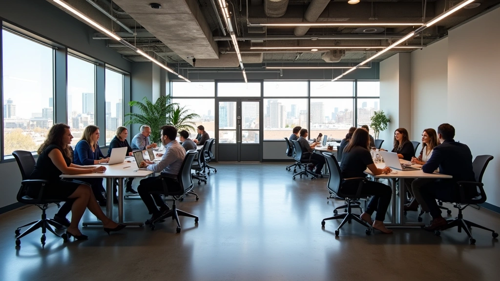 Modern tech office workspace with laptops and collaborative meeting spaces in downtown Denver during daytime with professional atmosphere