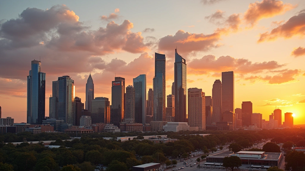 Downtown skyline at golden hour sunset showing modern glass buildings, tech campus architecture, and urban development in major Texas tech city