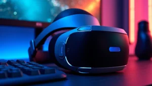 High-end VR headset sitting on modern gaming desk with RGB lighting, professional product photography, sharp focus on device details and build quality