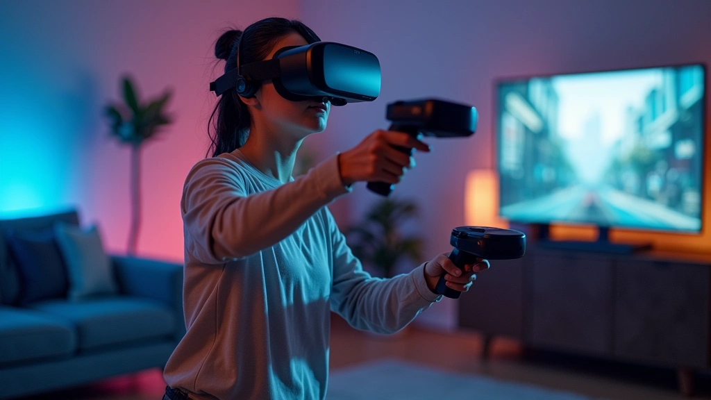 Person wearing VR headset in immersive gaming environment with motion controllers visible, dynamic action pose, photorealistic indoor setting with gaming setup