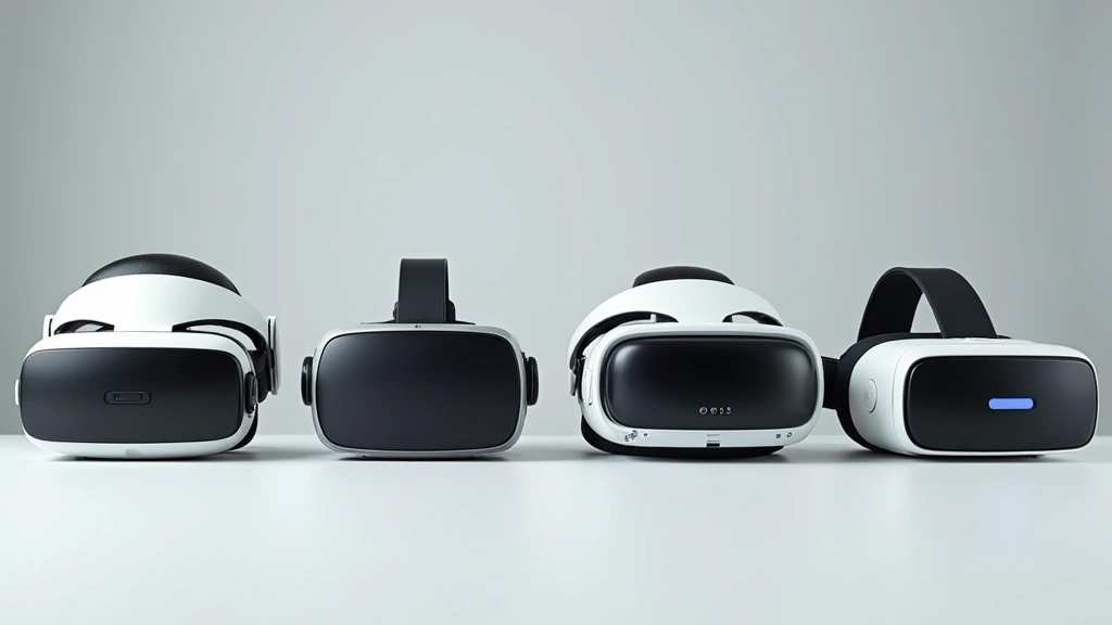 Multiple VR headsets arranged in lineup comparison display, neutral studio background, professional product showcase lighting, detailed view of different device designs