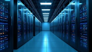 High-tech data center with distributed server clusters arranged in organized rows, featuring blue LED indicators and fiber optic cables, professional photography style
