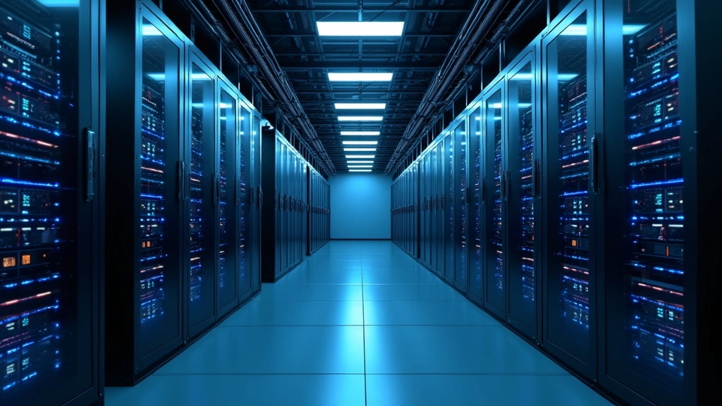 High-tech data center with distributed server clusters arranged in organized rows, featuring blue LED indicators and fiber optic cables, professional photography style