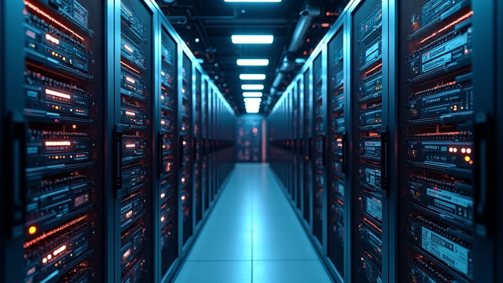 Advanced computing facility with GPU arrays and specialized hardware accelerators, showing dense computational infrastructure with active cooling systems and network equipment