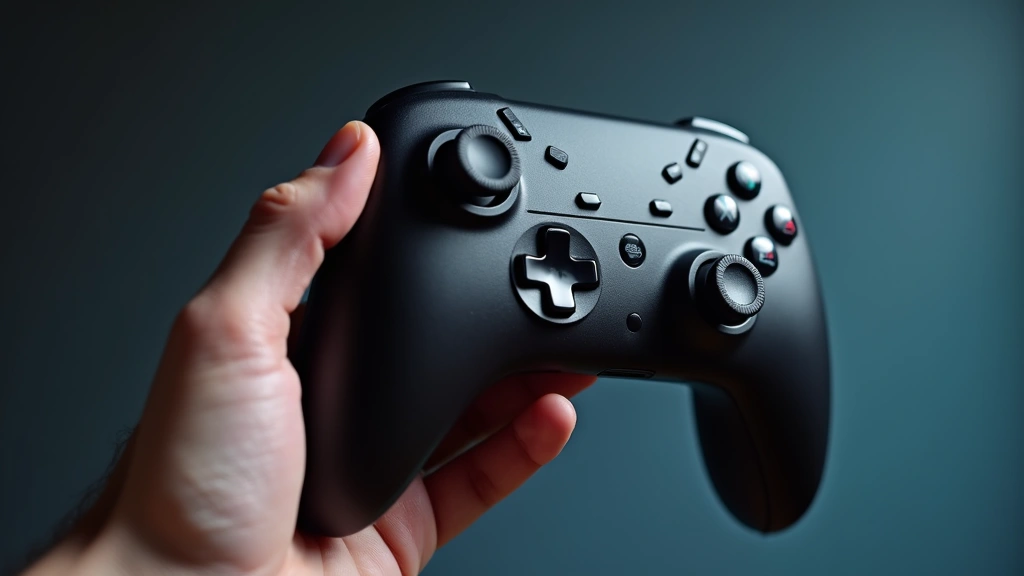 Premium VR controller in user's hand demonstrating finger tracking and haptic feedback technology, ergonomic grip design, responsive buttons and touch surfaces, detailed mechanical components visible, professional product photography with soft studio lighting