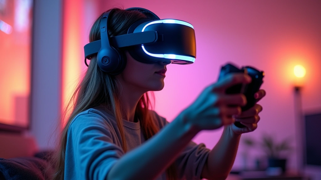 Gamer wearing advanced VR headset in immersive gameplay environment, head-mounted display with integrated eye tracking cameras, comfortable cushioned headband and weight distribution, action pose showing responsive controller interaction, dynamic gaming atmosphere with warm ambient lighting
