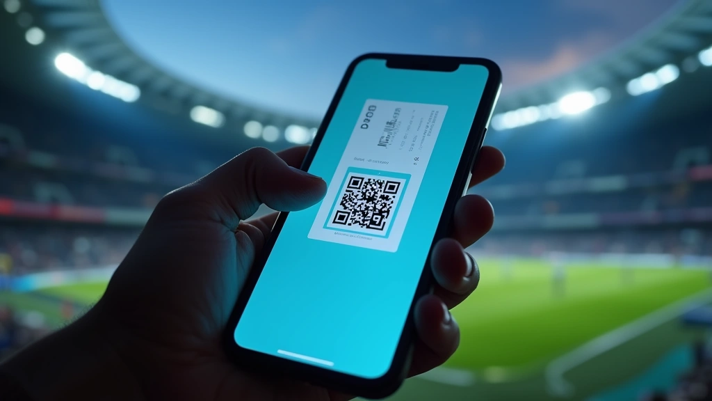 Close-up of mobile phone displaying digital ticket QR code with vibrant blue light, stadium background blurred behind, finger pointing at screen, modern smartphone device
