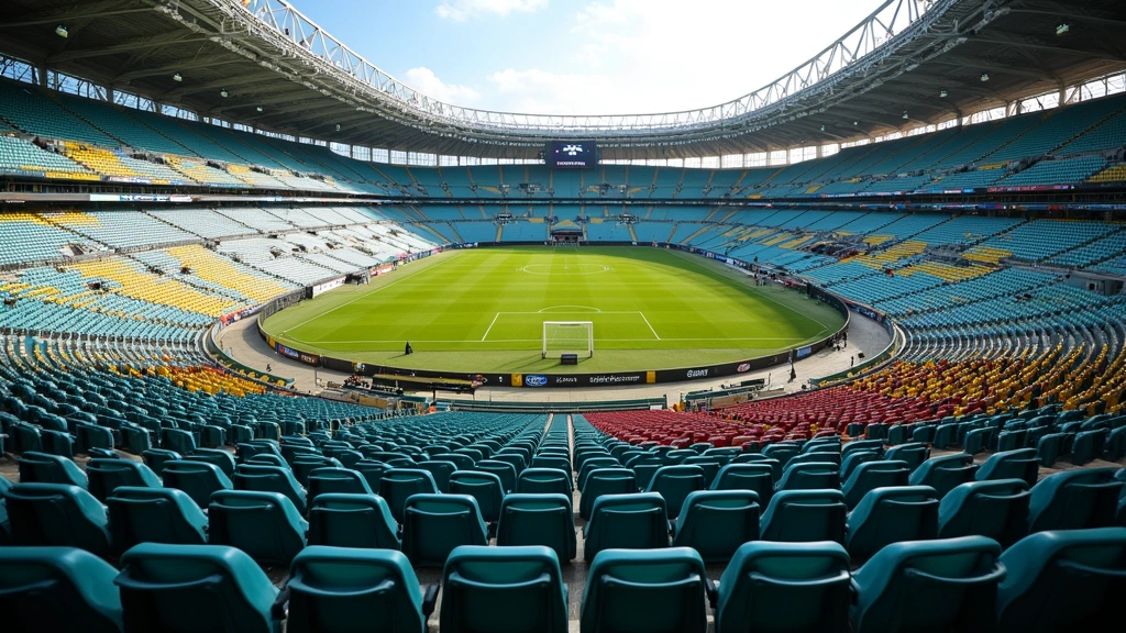 Wide-angle view of stadium seating sections with color-coded seat numbers visible, empty and filled seats showing different perspectives, natural lighting showing sightline quality