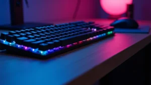 Close-up of colorful gaming keyboard and mouse setup on wooden desk with RGB lighting glowing in blue and purple tones, surrounded by minimalist workspace