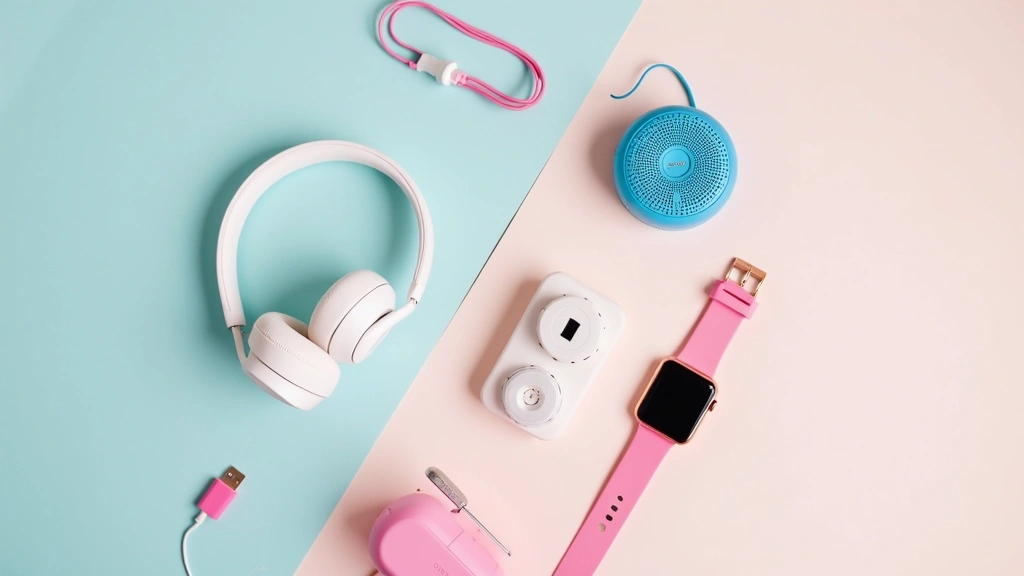 Flat lay arrangement of colorful tech gadgets including white headphones, blue portable speaker, pink charging cable, and rose gold smartwatch on light background