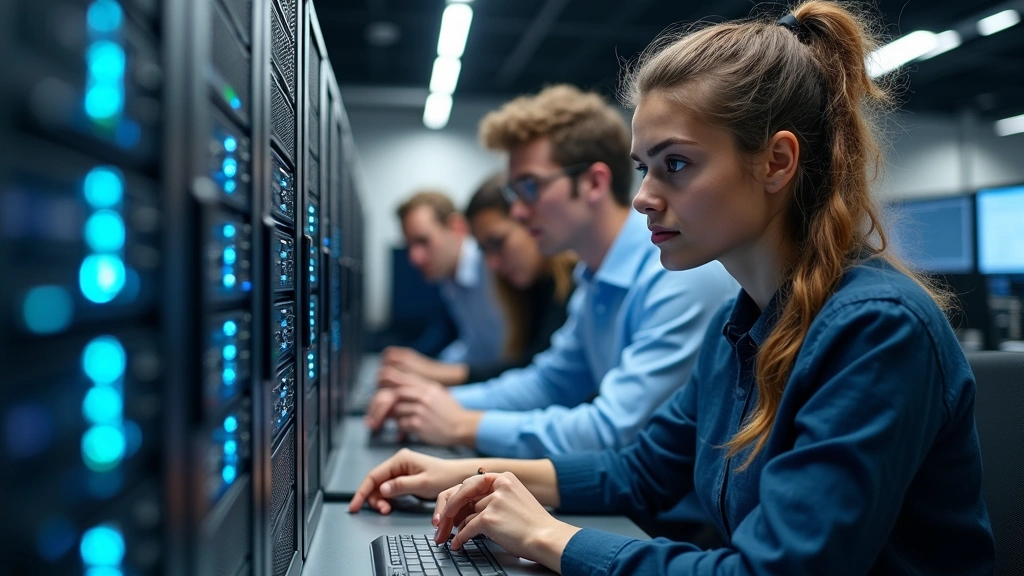 Diverse group of vocational students examining network server equipment in IT lab, collaborative learning environment, modern computer hardware setup, professional atmosphere