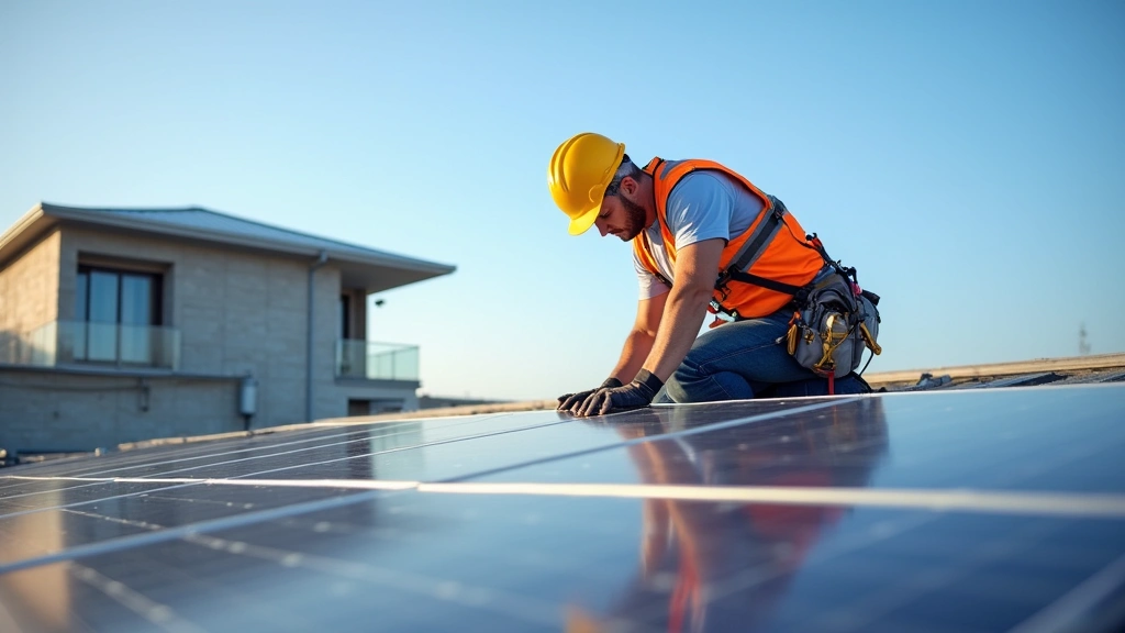 Renewable energy technician installing solar panels on rooftop with safety equipment, clear sunny day, modern building architecture, professional installation in progress