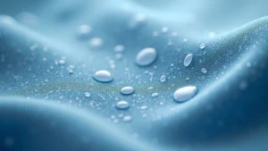 Close-up of advanced fabric membrane texture with water droplets beading on surface, showing microscopic pore structure, professional product photography with natural lighting