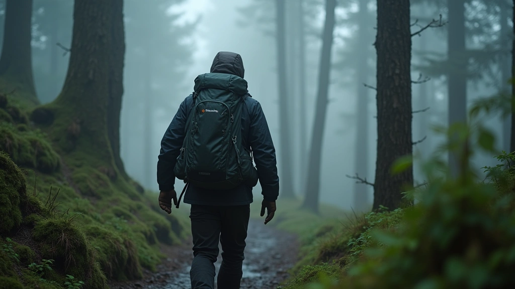 Outdoor enthusiast wearing Columbia Omni-Tech jacket hiking through misty forest with backpack, dynamic action shot, rain-covered terrain, authentic wilderness setting