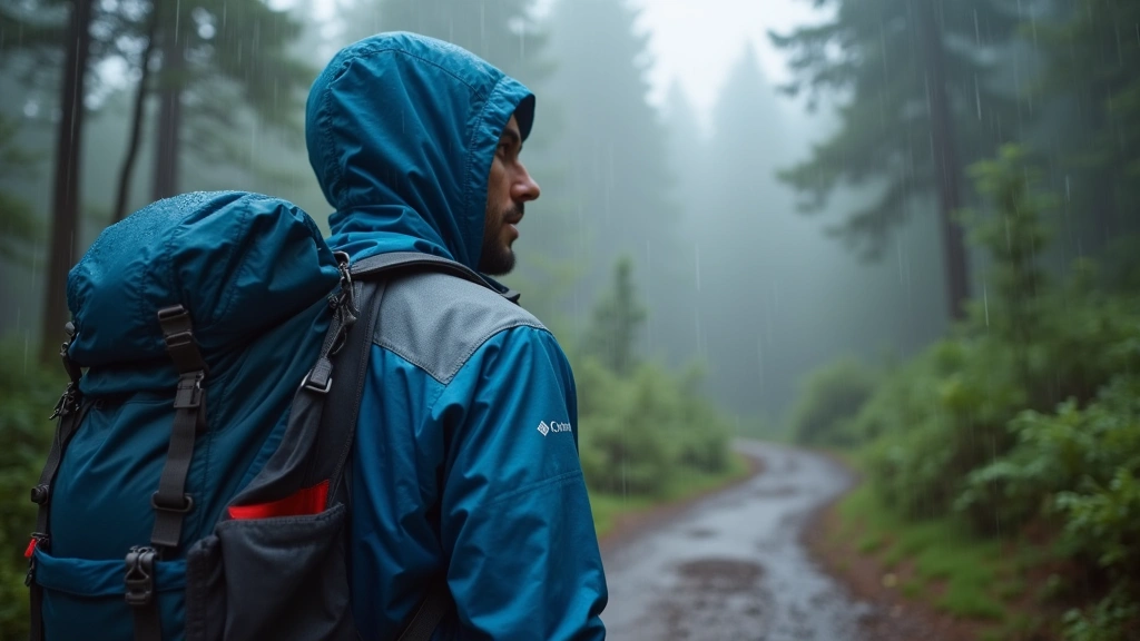 Hiker wearing blue and gray Columbia jacket in misty mountain forest, moderate rain falling, natural outdoor lighting with wet terrain visible, demonstrating real-world weather protection