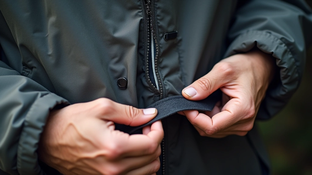 Hands holding and examining sealed seams on technical jacket, showing detailed waterproof seam tape application and construction quality of professional outdoor gear
