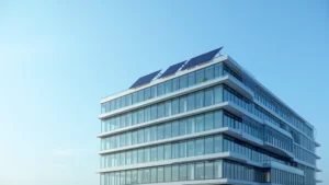 Modern tech center building with glass architecture, multiple floors visible, contemporary design with solar panels on roof, blue sky background, no signage or text visible