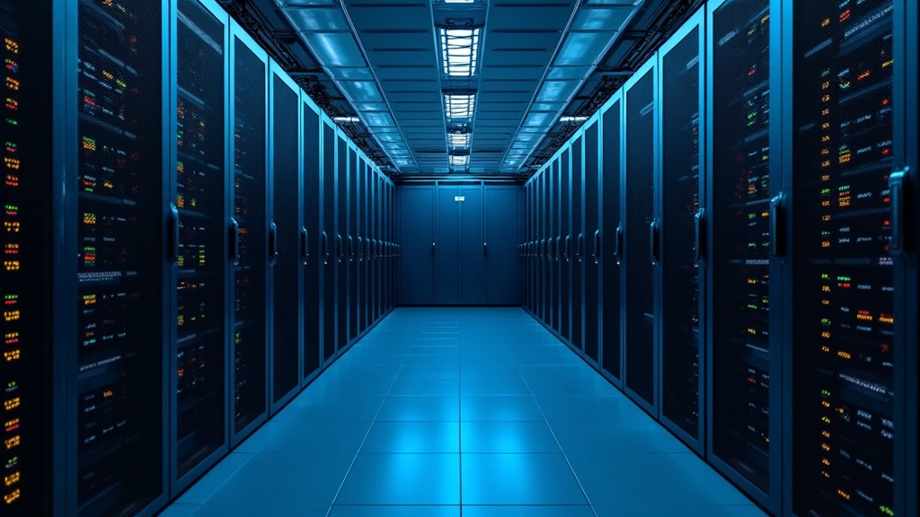 Data center server room with rows of computing equipment, LED indicator lights, cables organized in racks, cool blue ambient lighting, no readable text or labels on equipment
