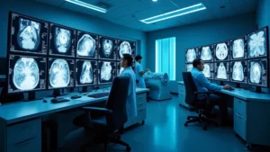 High-tech medical imaging control room with multiple large monitors displaying CT and MRI scans, clinician at workstation analyzing diagnostic images, modern healthcare facility interior with blue accent lighting