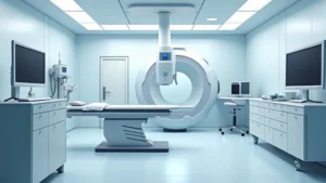 Modern healthcare clinic interior with sleek medical diagnostic equipment, bright professional lighting, clean minimalist design, no people visible, photorealistic modern hospital technology setup