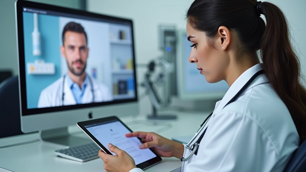 Healthcare provider in white coat using tablet during telemedicine consultation, split-screen showing remote patient on video call, medical office background with computer terminals and medical equipment visible