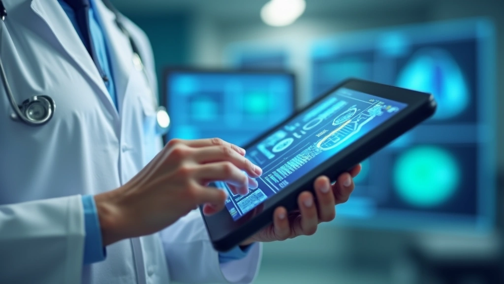 Doctor using advanced digital tablet with medical data visualization screens, hands holding device near chest, clinical setting background blurred, professional medical technology interaction